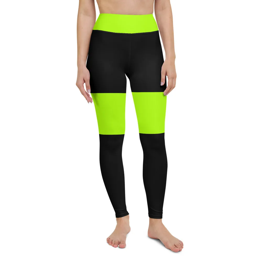 Green Black Women's Yoga Leggings, Striped Long Gym Tights For Ladies-Made in USA/EU/MX