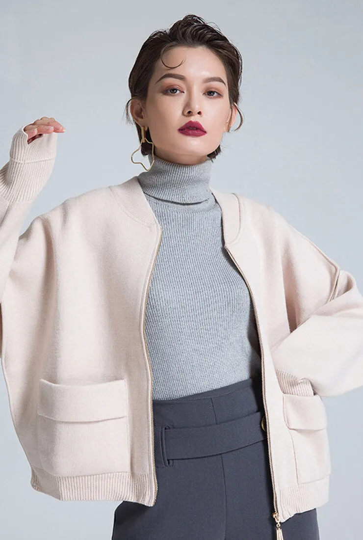 Solid Color Loose Wool Womens Baseball Jacket